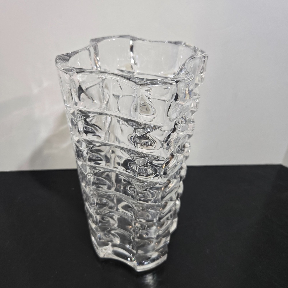 Retro Clear Heavy Glass Vase Cubist Modern 9.5" x 4.5 Bubble Unmarked Heavy Art